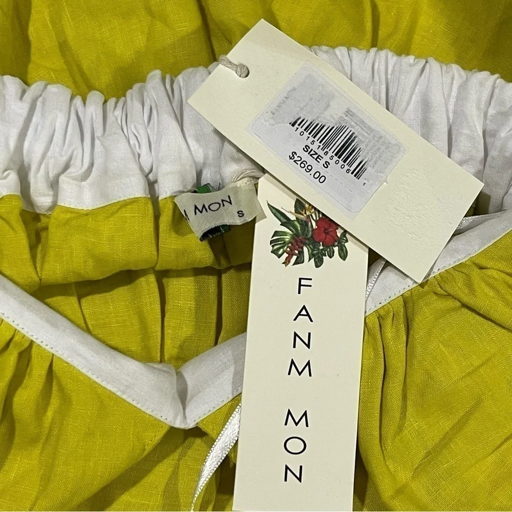 Fanm Mon Yamile 100% Linen Floral Embroidered Halter Midi Dress Mustard Lime NWT